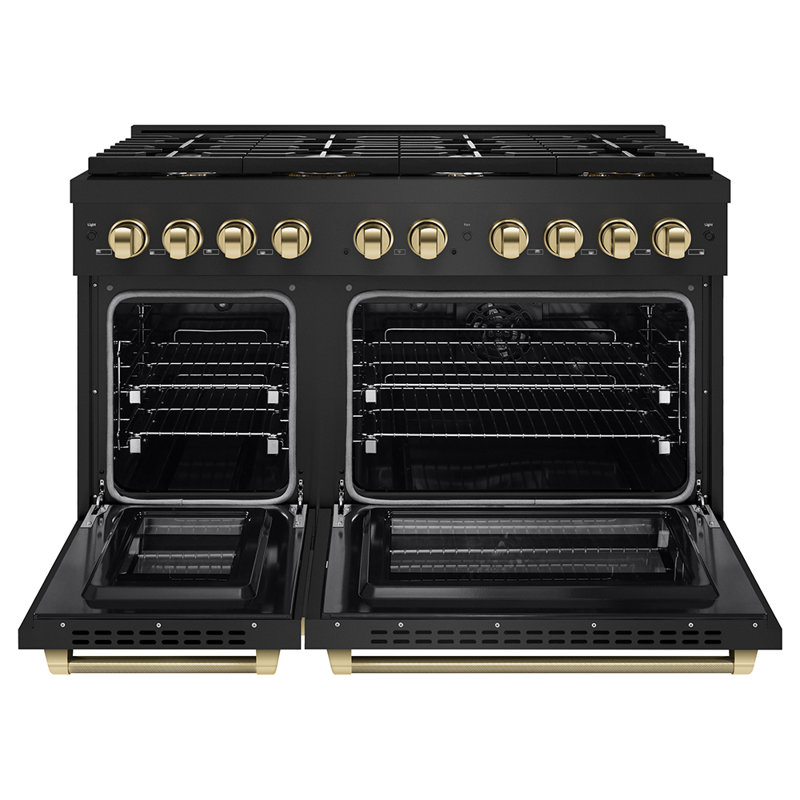 ZLINE Autograph 48 in. Paramount Dual Fuel Range in Black Stainless Steel and Gold Helix Handles, Polished Gold