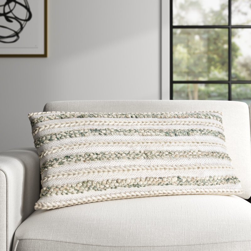 Lottie Striped Lumbar Pillow Cover, Cream/Emerald, Down Blend