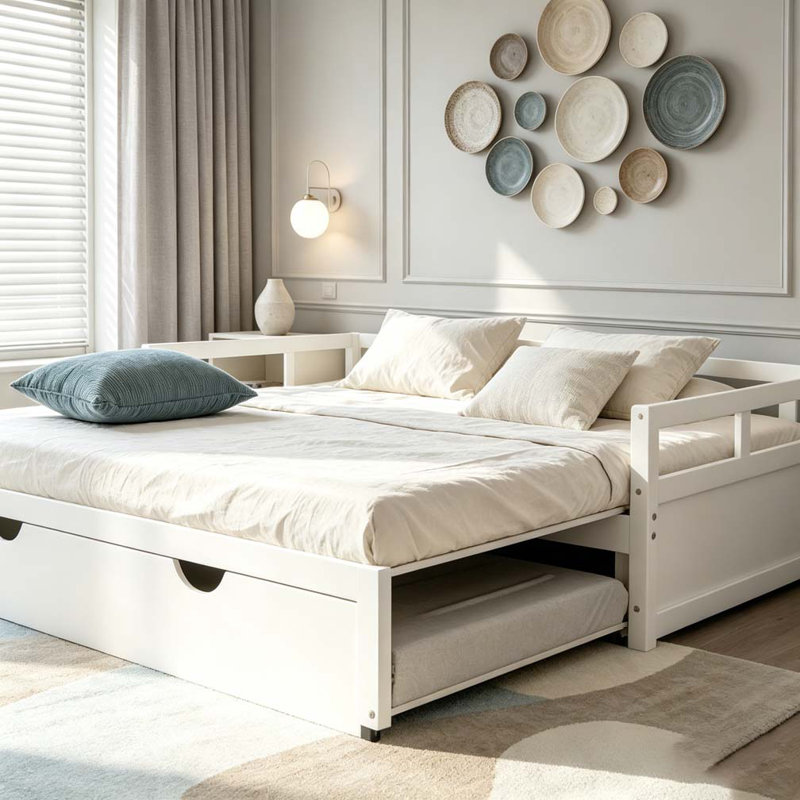 Lit de jour extensible avec couchette, lit de jour en bois, Blanc
