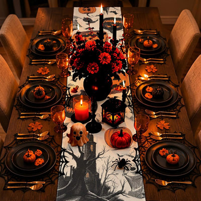 Halloween Table Runner,Retro Runners Vintage Halloween Decorations | Spooky Gothic Skull Day of The Dead Table Cloth,Halloween Decorations for Home Pa