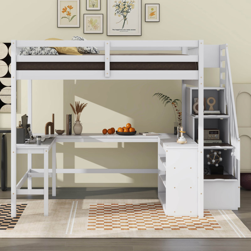 Lit mezzanine double avec bureau intégré en forme de L, tablettes de rangement à trois niveaux, escalier de rangement attaché
