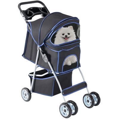 Poussette pliable pour animaux à 3 roulettes, poussette légère pour chien et chat avec porte-gobelet et grand espace de rangement
