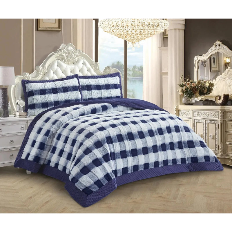 Polyester Chequered Bedspread with Pillowcases Included, Blue, Double Bedspread + 2 Standard Pillowcases