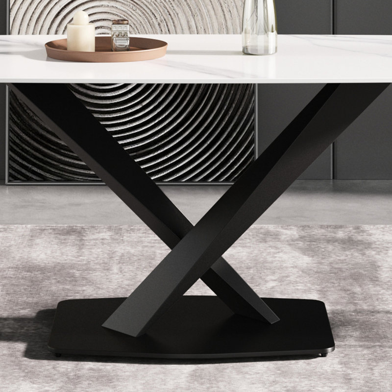 Table de salle à manger 69,71 po en pierre frittée blanche avec pieds en métal noir - Siège rectangulaire pour 6 à 8 personnes