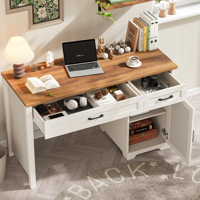 Farmhouse 47" Executive Desk Computer Desk With Drawers, Brown/White
