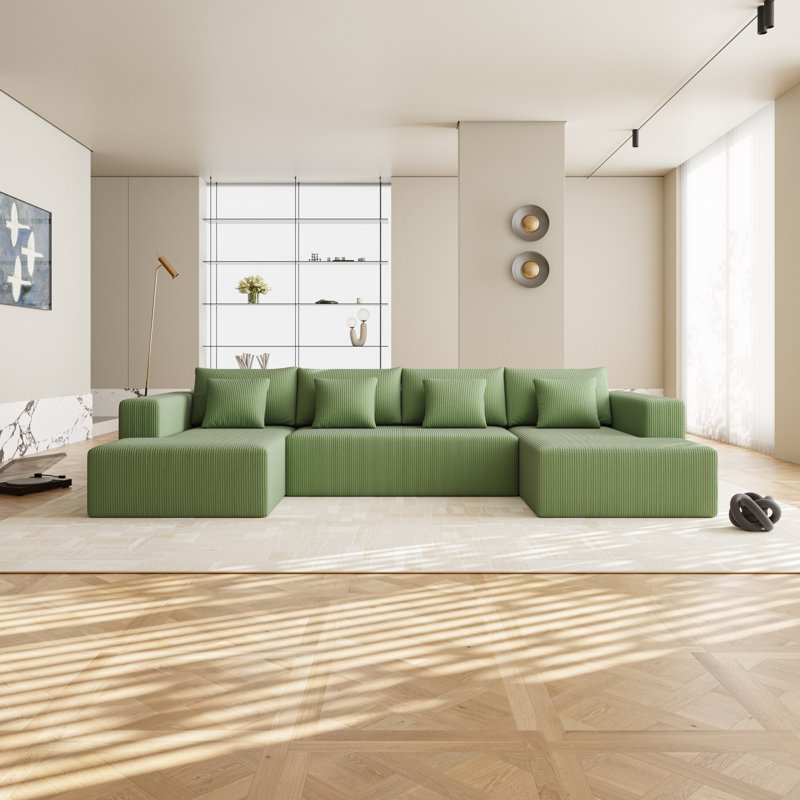 Corduroy U Shaped Sectional Sofa Couch, Green