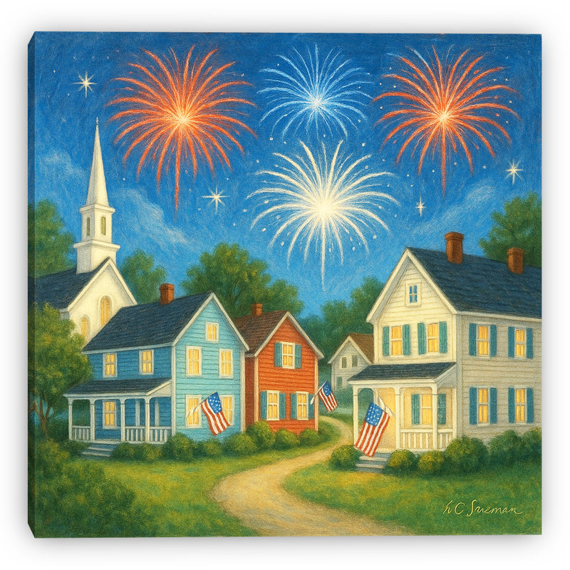 Charmant village patriotique avec feux d'artifice, art mural sur toile, H 12 po x l 12 po