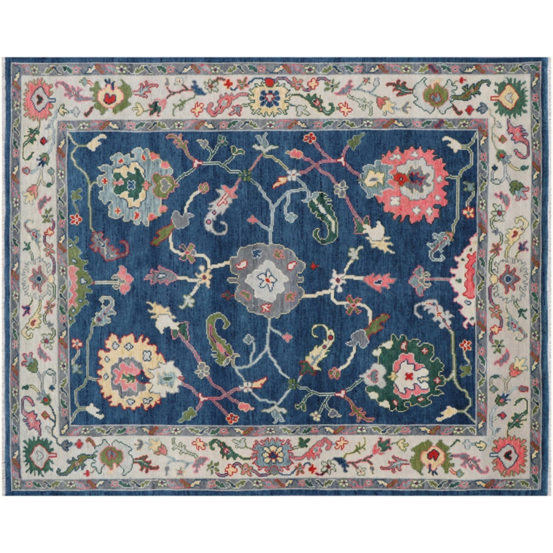 Navy Blue Oushak Rug Hand Knotted Wool – Traditional Turkish Oushak Style Area Rug – Vintage Floral Medallion Carpets 