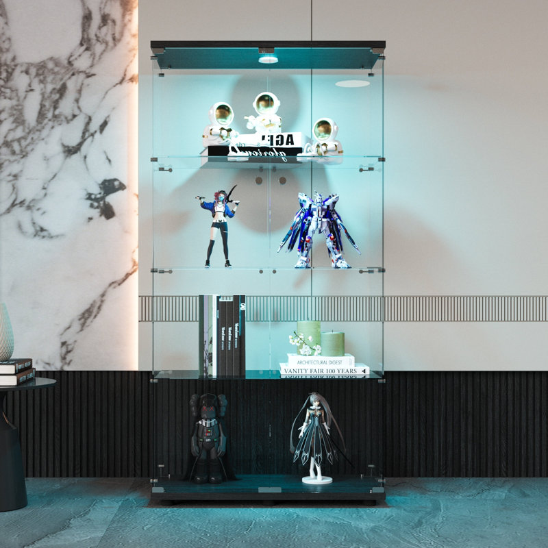 Two-door LED lights  Glass Display Cabinet 4 Shelves with Door, Floor Standing Curio Bookshelf, Black