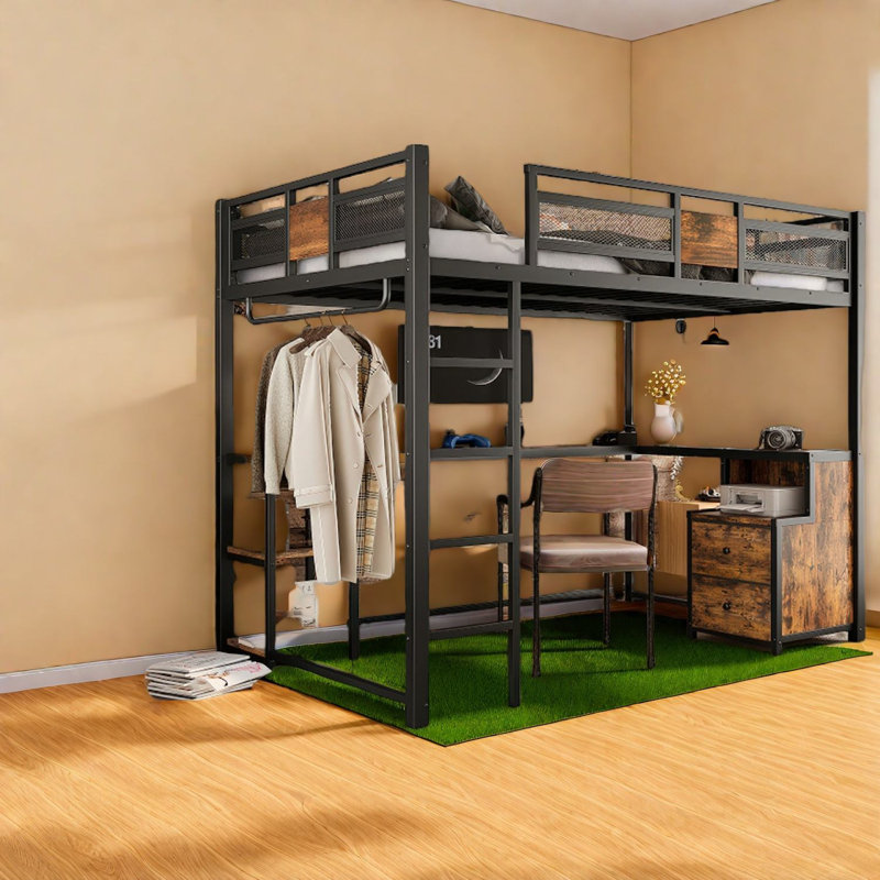 Lit mezzanine double compact avec bureau et rangement en métal, conception moderne pour la maison