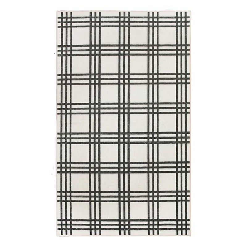 Plaid Black And Cream Performance Flatweave Washable Indoor / Outdoor Rug, Rectangle 3' x 5'