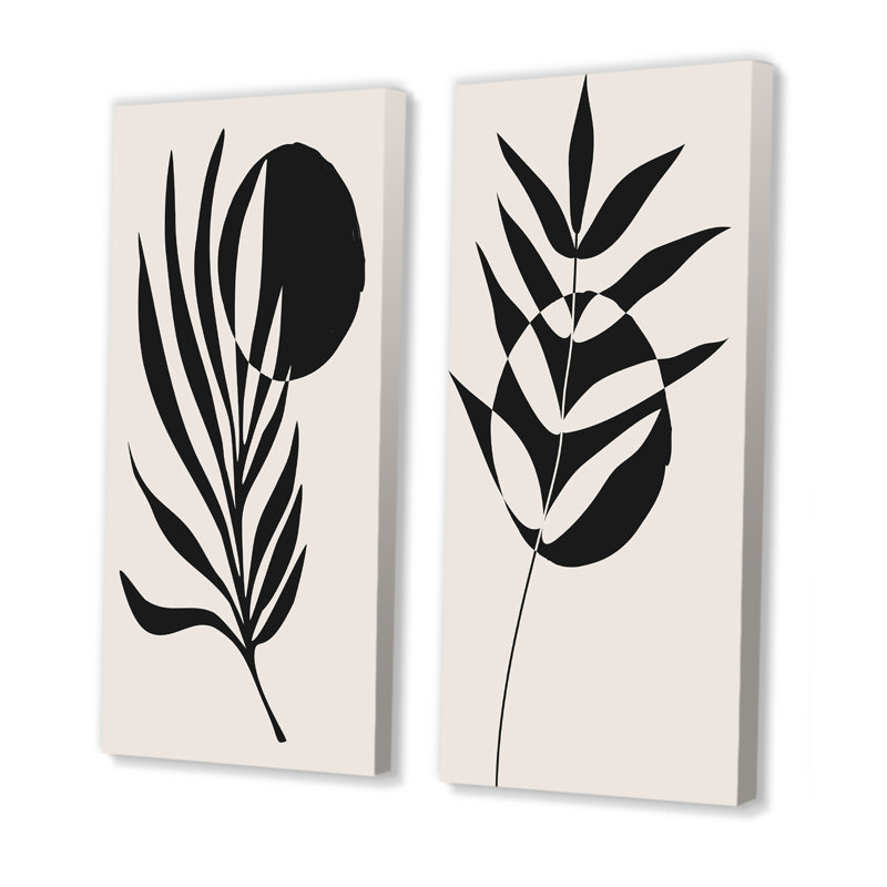 Minimalist Botanical Line with Palm Leaves II - ensemble de 2 peintures, Toile tendue, H 40 po x l 40 po x P 1,5 po