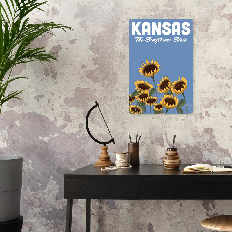 Kansas Sunflower State Classic Retro Rustic Sunflower Nature Summer Wall Art Print 1 Piece Wrapped Canvas Wall Art
