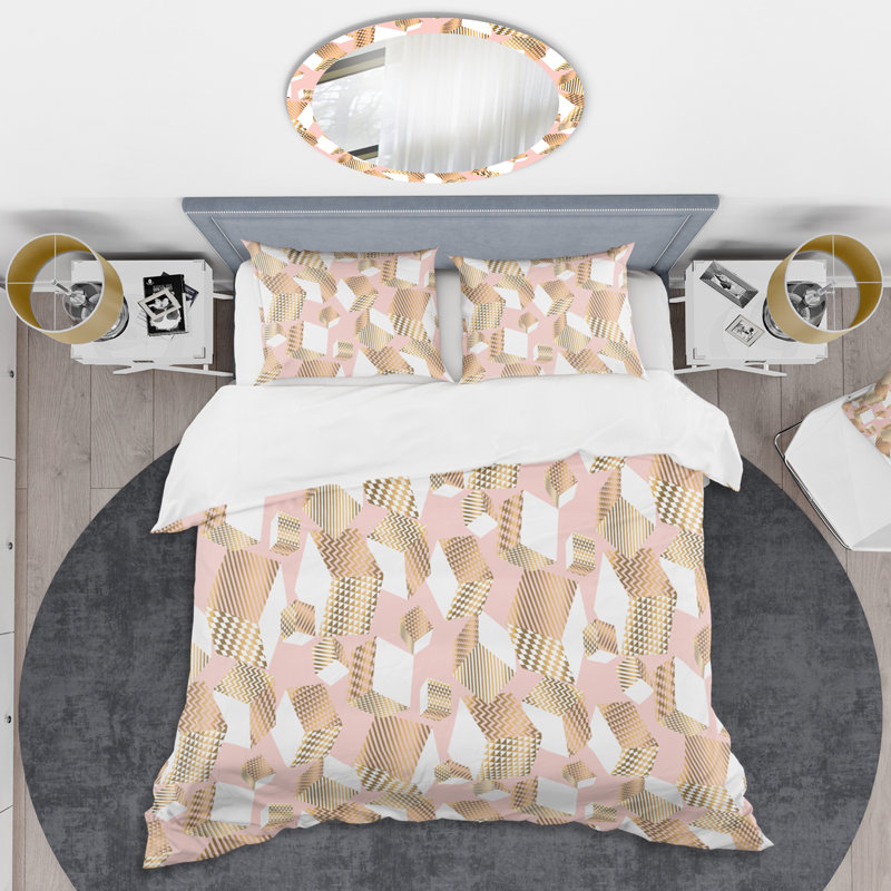 Retro Art Deco - Mid century bedding set - Modern Mid-century Bed cover set, Twin Duvet Cover + 1 Sham, Pink/Gold 253