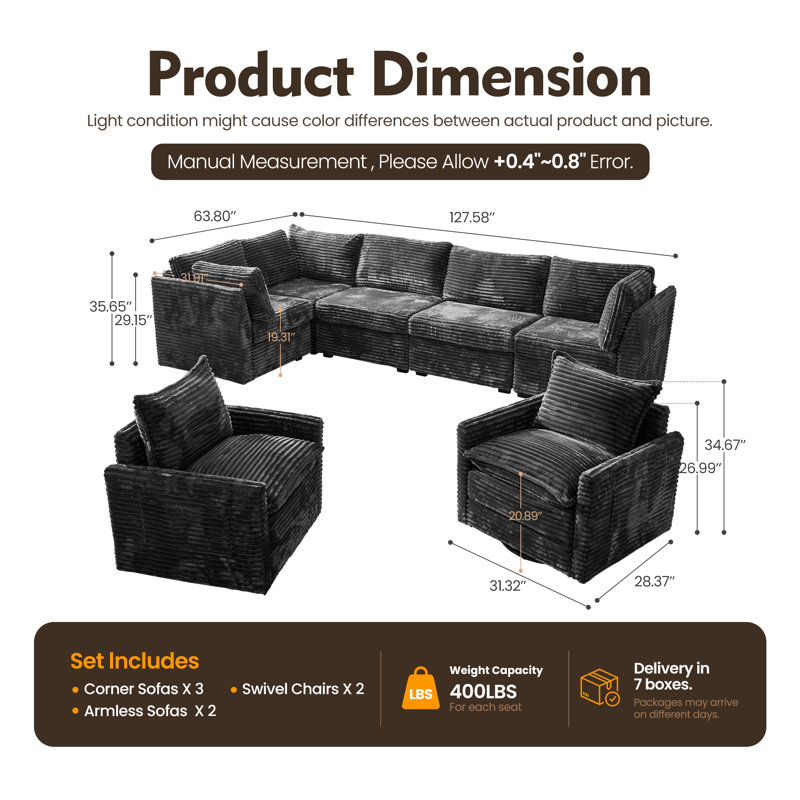 Hogle 7-Piece Plush Corduroy Modular L-Shape Sectional Sofa Set With Swivel Chairs, Modern Living Room Furniture Set, Gray