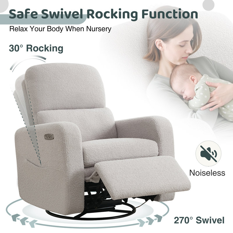 Gray Faux Leather Swivel Rocker Recliner with USB Port