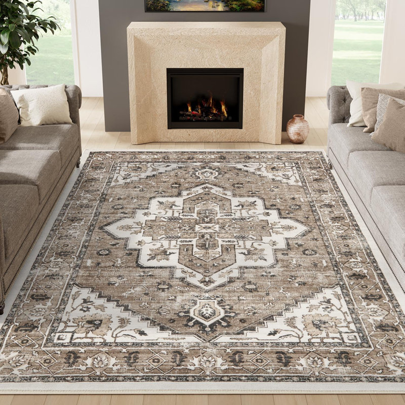 Tapis oriental oriental lavable antidérapant brun, Rectangle 6 pi x 9 pi