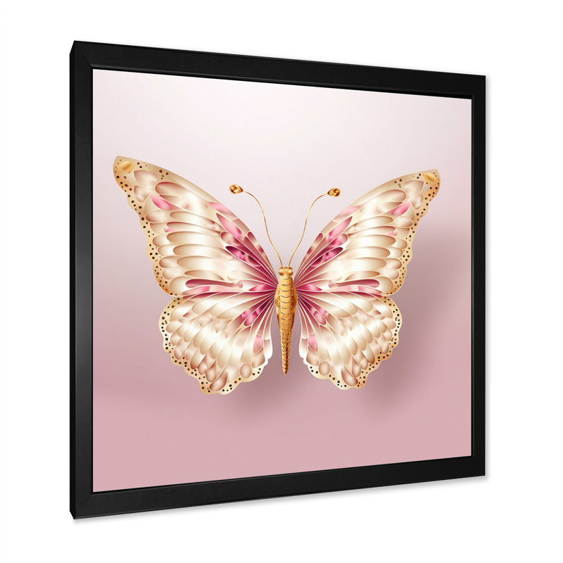 «Pink and Gold Butterfly I», reproduction d'art sur toile, Cadre simple noir, H 36 po x l 36 po x P 1,5 po
