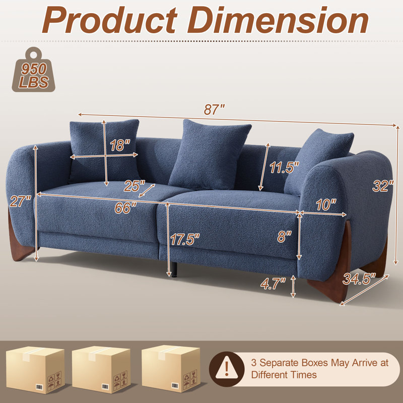 87" Upholstered Sherpa Boucle Sofa with Solid Wood Legs, Blue
