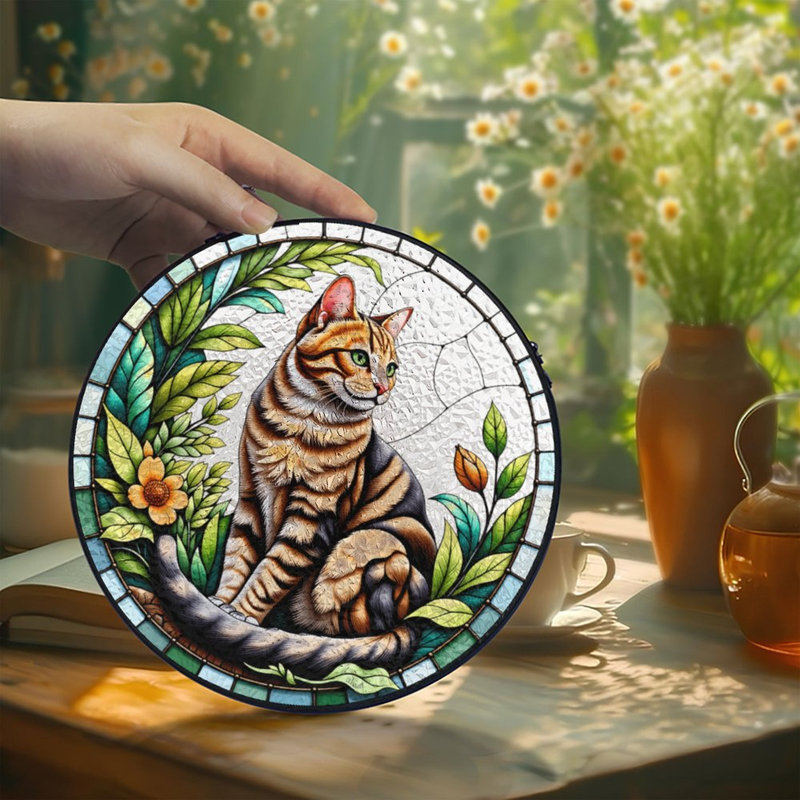 Vitrail tigre chat feuillage vitrail panneaux Suncatcher pour décoration de fenêtre, 3,5 x 3,5 po (9 x 9 cm)
