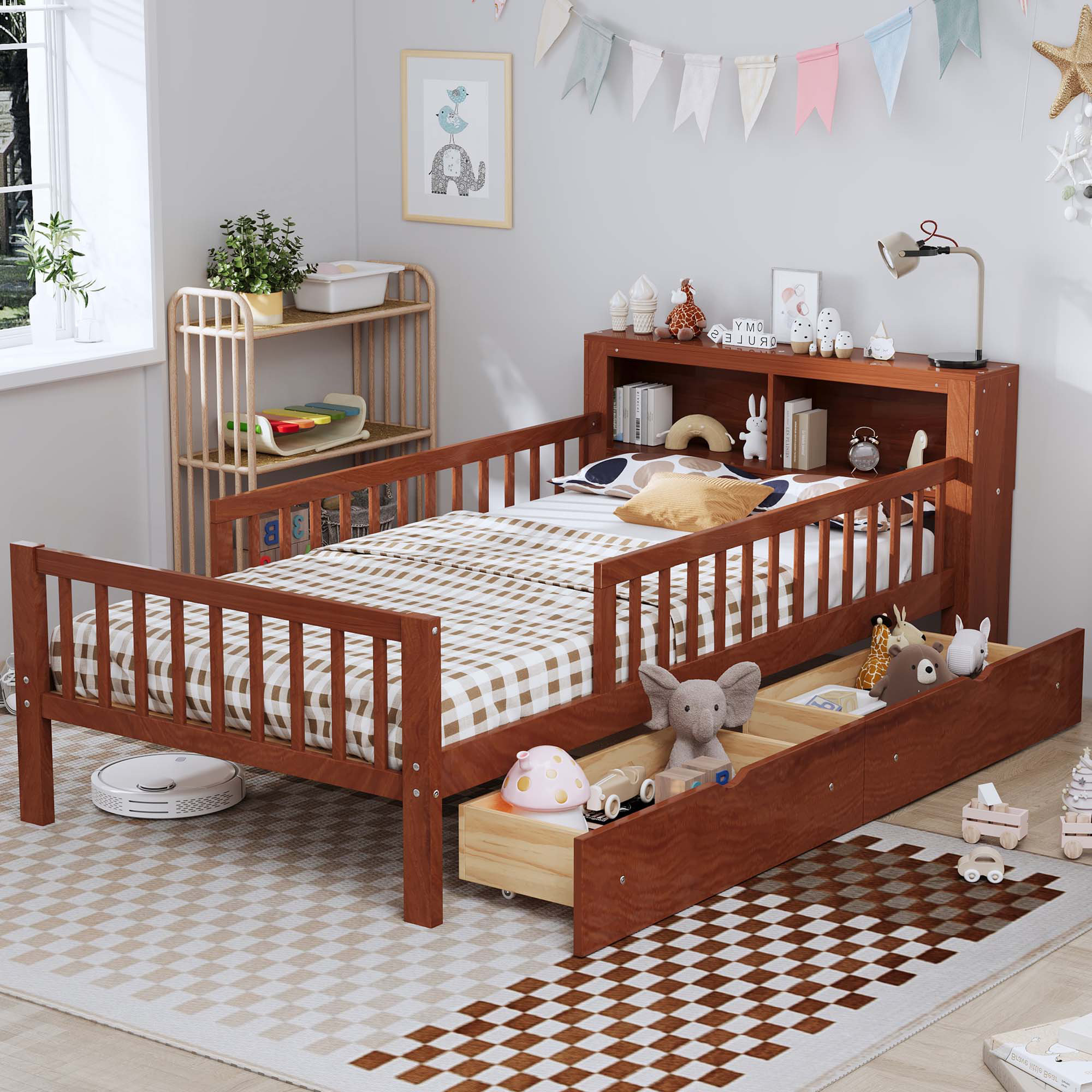 Yuandeguan Twin Size Bed With Headboard Storage Rack,Two Under-Bed ...
