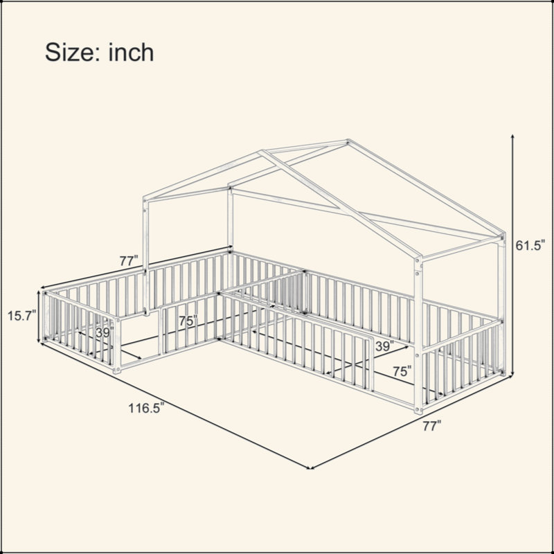 Lit double en L Montessori, structure de lit d'angle en métal avec clôture, lit de plancher de style maison pour 2 enfants, sans lattes