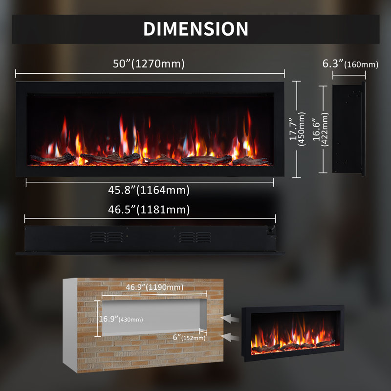 Lume 50" Smart Linear Electric Fireplace - Clean Hidden Vent Design, Flame With 9 Colors, Recessed In-wall Or Wall-mount Or Free Standing, Compatible With Alexa And Google Assistant, by Puraflame