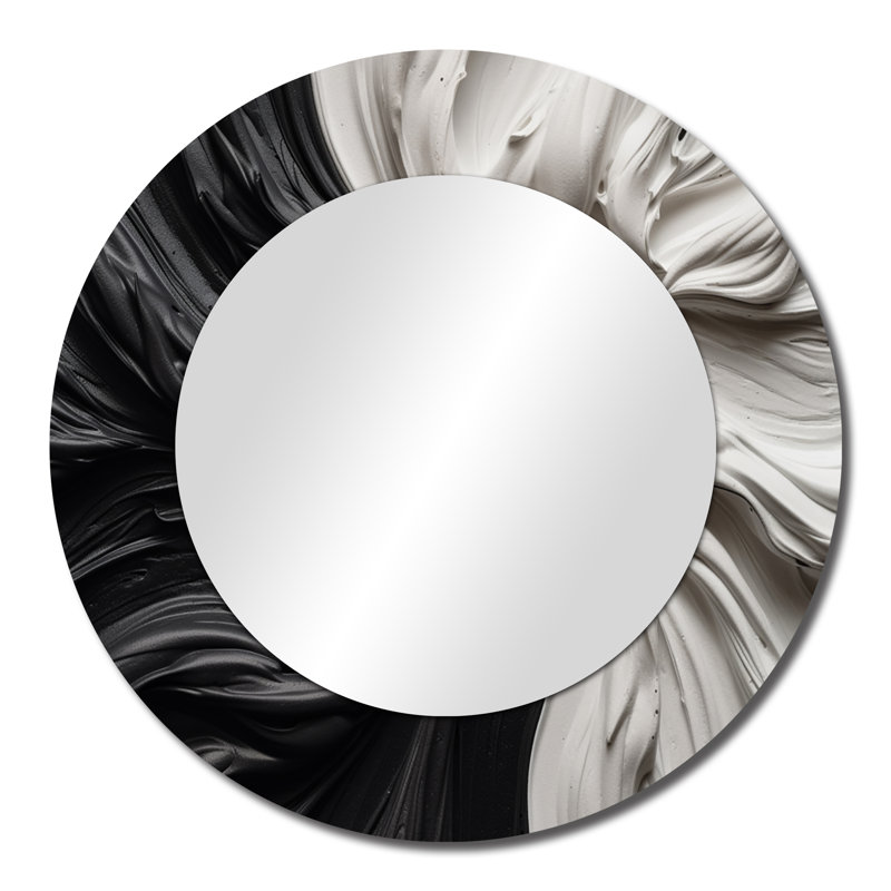 Philmore Black White Marbled Dreamscape IV - Geometric Decorative Wall Mirror, Black Large Round Mirror, Printed Metal Art