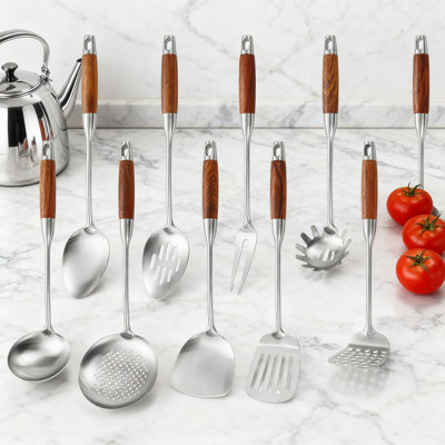 10-Piece Stainless Steel Kitchen Utensils Set With Wood Handle, Professional Cooking Tools Including Spatula, Spoon, Ladle, Skimmer, Slotted Turner, Pasta Server, Fork, Masher, Dishwasher Safe