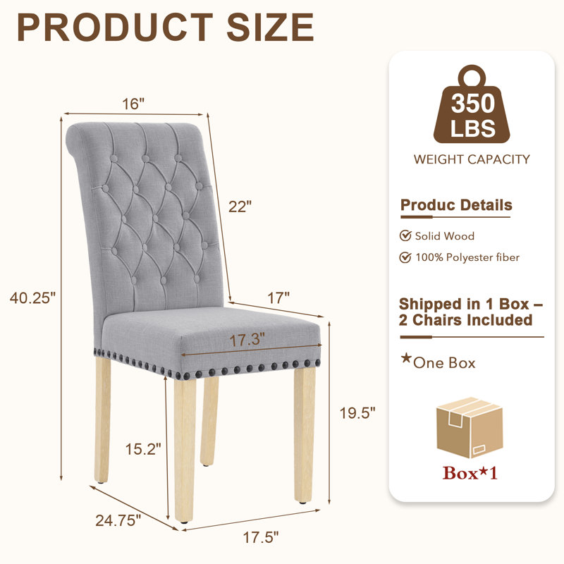 Amby Linen Tufted Upholstered Parsons Dining Chairs with Wood Legs, Light Gray