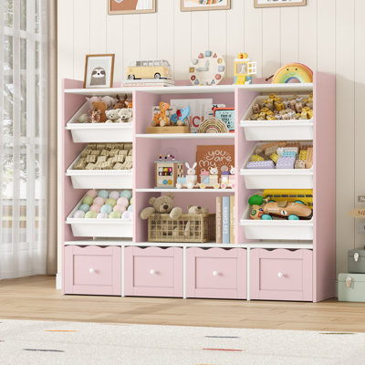 🧸 55"W x 48"H Multi-Functional Kids Organizer: 4-Drawer Toy Storage & Bookshelf with 6 Removable Bins