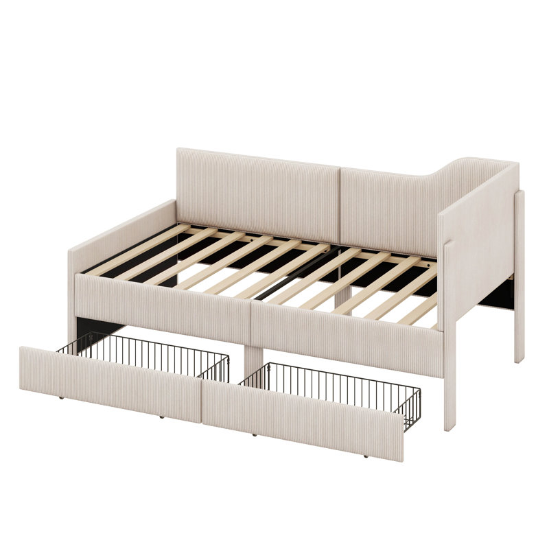 Tallis  L-Shaped Corduroy Daybed,Upholstered Bed Frame With 2 Storage Drawers, Beige