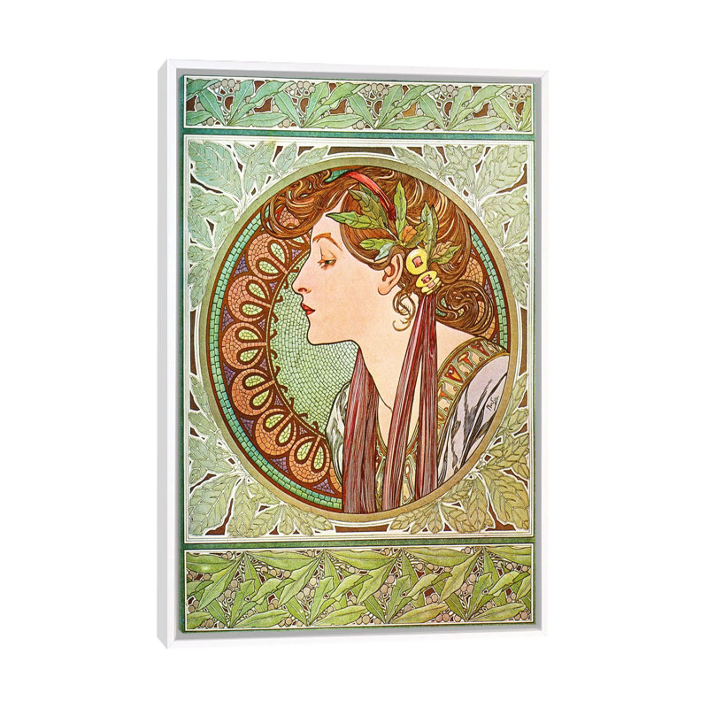 Laurier (1901) par Alphonse Mucha-impression, Pas de tapis, H 26 po x l 18 po x 1,5 po, Toile encadrée d'or