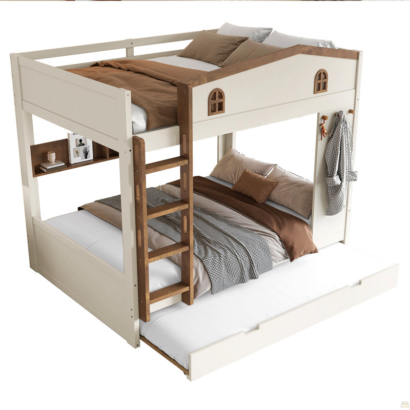 Lit superposé grand sur grand avec lit gigogne et tablettes de rangement, Beige / Naturel