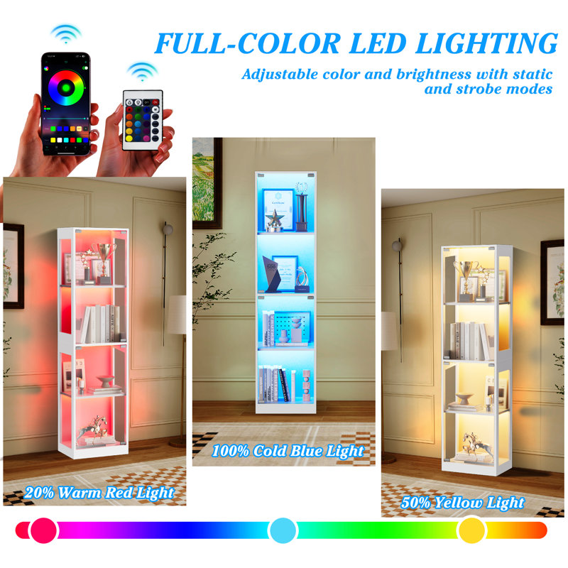 Vitrine 63 po avec portes en verre, application et vitrine à télécommande RVB avec synchro musicale, Blanc