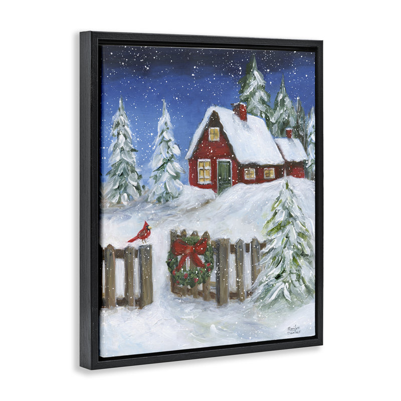 Art traditionnel sur toile, scène traditionnelle d'hiver par Marilyn Dunlap, H 31 po x l 25 po, Cadre flottant noir de jais
