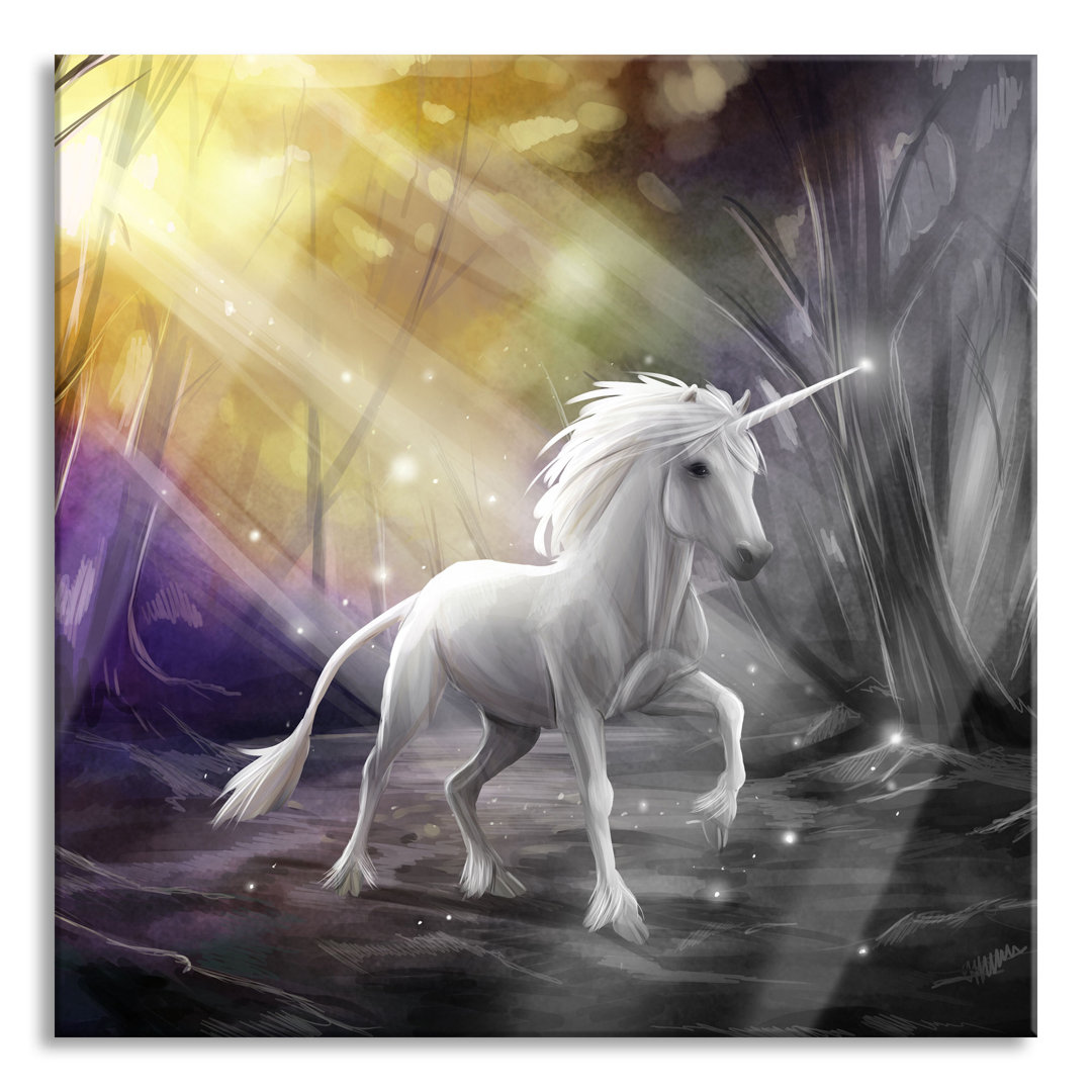 Ungerahmter Grafikdruck auf Glas "Unicorn in a Fairytale Forest"