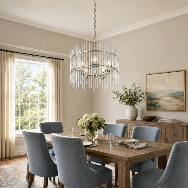 Eletto 5-Light Dimmable Glass Drum Chandelier, Nickel