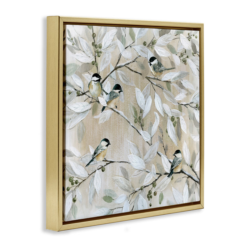 «Chickadee Birds on Branches Grain», art mural sur toile flottante par Carol Robinson, Cadre flottant métallique doré