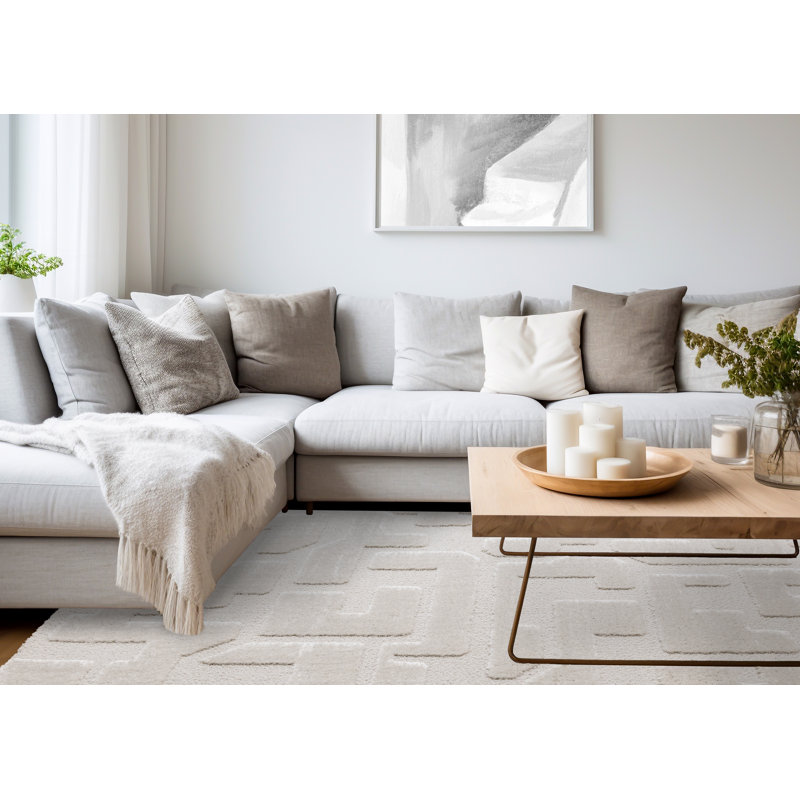 Tapis à motif géométrique, ton sur ton / uni, blanc, contemporain, 5 pi x 8 pi (5 pi 3 po x 7 pi 7 po) Branch Living