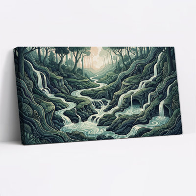 Tableau sur toile représentant un ruisseau dans une forêt verte avec des cascades