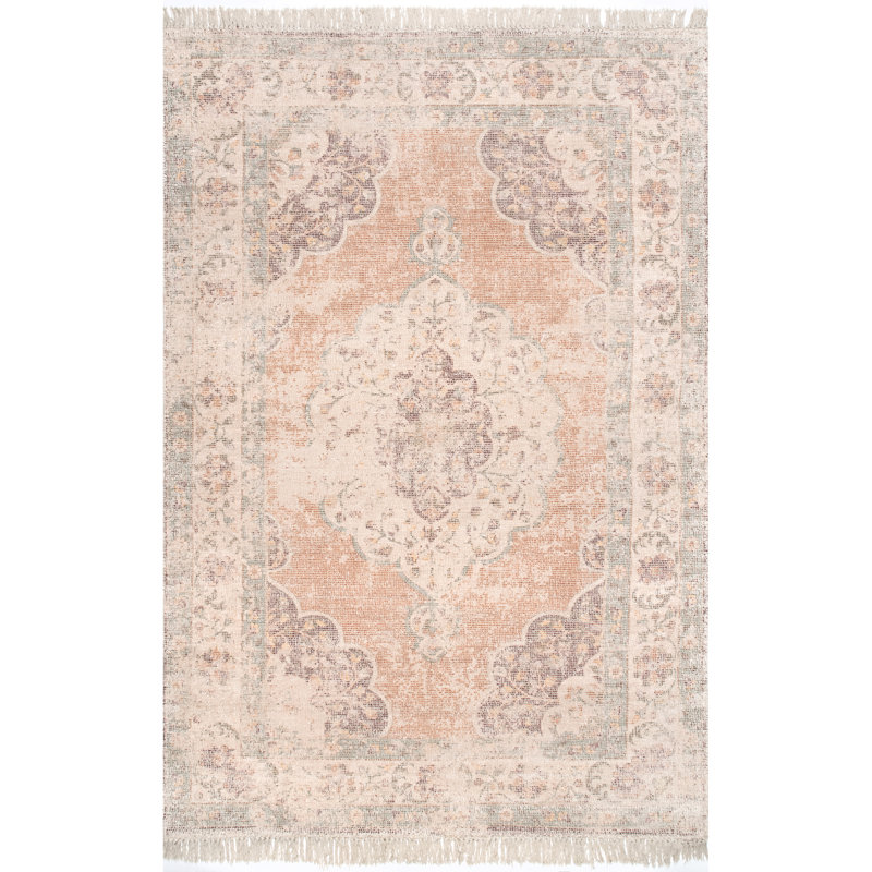 Tapis décoratif en coton orange crocheté à la main de style oriental VALLETTE, Rectangle 5 pi x 8 pi