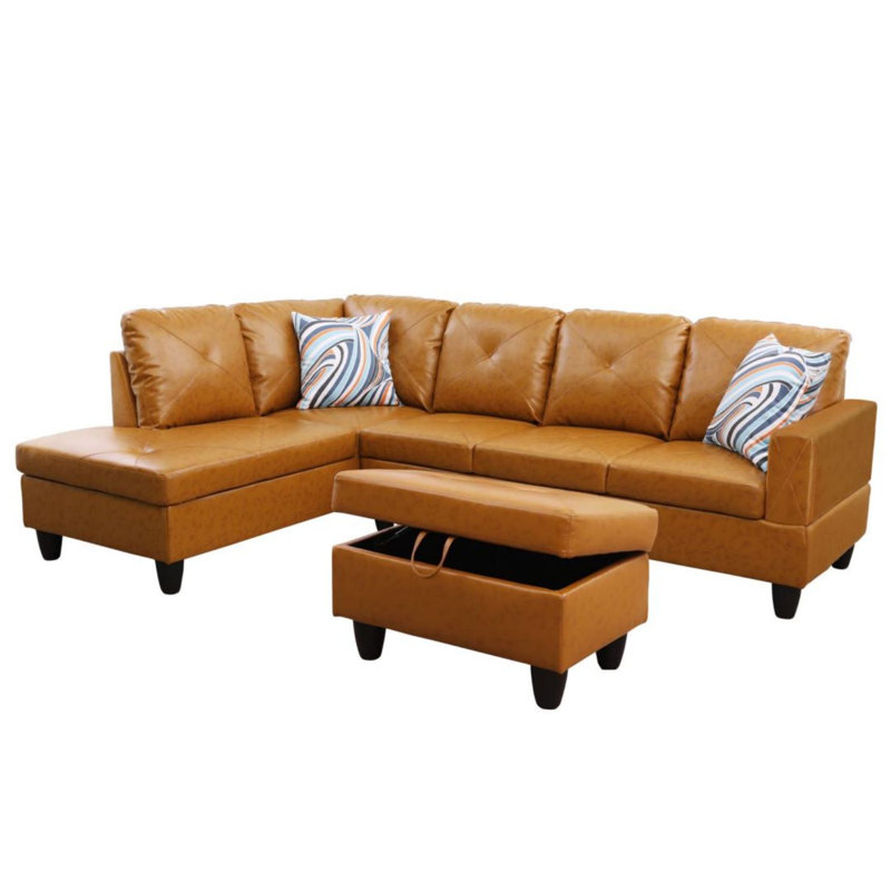 Halid Wide Sofa & Chaise with Ottoman, Faux Leather Amber, Left Hand Facing