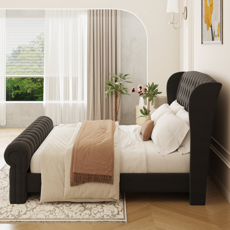 Mieya Velvet Upholstered Sleigh Bed with Scroll Wingback Headboard and Footboard, King, Black