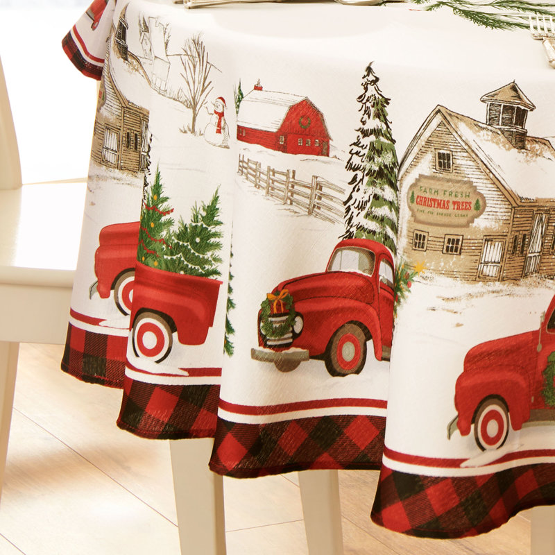 Gambell Round/Oval Red Christmas Truck Polyester Tablecloth, 84" L x 60" W