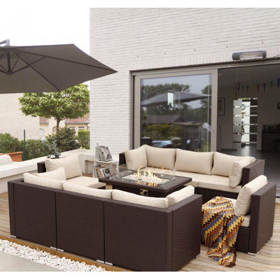 Ensemble de conversation de patio en osier 9 pièces avec table de foyer rectangulaire modulaire, double combustible, 60 000 BTU