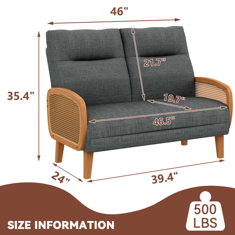 46.5" Upholstered Loveseat Sofa With Rattan Arms, Gray