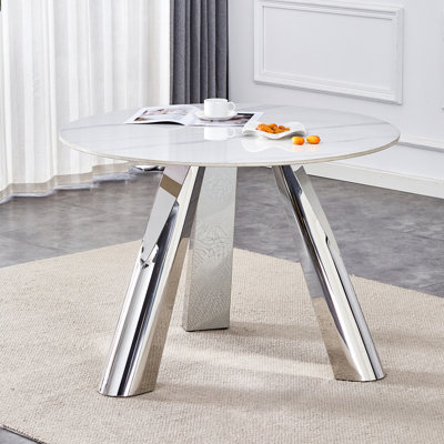 Table ronde de 42 pouces à trois pieds avec pieds plaqués or en acier inoxydable Table ronde saine, écologique et naturelle