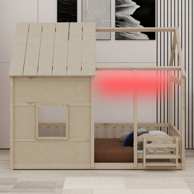 House-Shaped Floor Bed Featuring  LED Lighting and Cozy Design, Natural