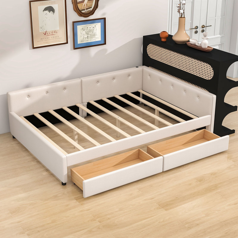 Lit de jour rembourré en bois avec port USB et 2 tiroirs, Double